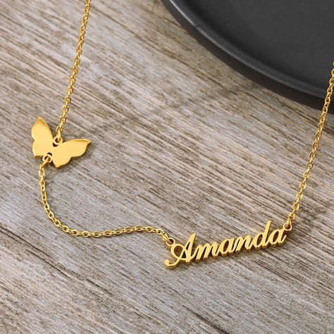 Personalized Name Necklace With Butterfly Custom Nameplate | Etsy Dresses Diy, Rose Gold Butterfly, Grandma Necklace, Platinum Rose Gold, Quilling Flowers, Monogram Jewelry, Gold Monogram, Monogram Necklace, Handmade Jewelry Designs