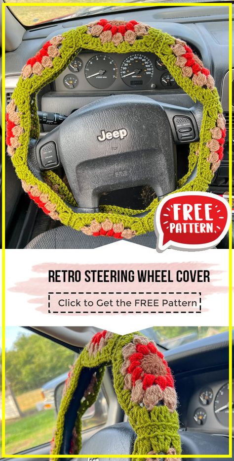 crochet Retro Steering Wheel Cover free pattern - FREE Crochet Wheel Cover Pattern for Beginners. Click to Get the Pattern #WheelCover #crochetpattern #crochet via @shareapattern.com Crochet Pattern Steering Wheel Cover, Granny Square Steering Wheel Cover Pattern Free, Granny Square Steering Wheel Cover Pattern, Crochet Sunflower Steering Wheel Cover Pattern Free, Crochet Car Console Cover Free Pattern, Crochet Sterling Wheel Cover Pattern, Car Coaster Crochet Pattern, Crochet Patterns For Car, Crochet Wheel Cover Free Pattern