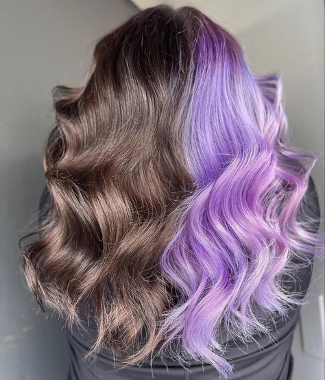 #haircolor #hair #haircut #hairstyle #hairstyles #hairstylist #balayage #hairdresser #hairgoals #beauty #blondehair #blonde #fashion #instahair #longhair #highlights #hairsalon #hairtransformation #behindthechair #style #makeup #haircare #salon #haircolorist #hairfashion #olaplex #ombre #hairoftheday #color #hairextensions Split Dyed Hair Blonde And Purple, Brown Purple Split Dye, Purple Blonde And Brown Hair, Purple Split Dye, Brown And Purple Hair, Best Purple Hair Dye, Very Easy Makeup, Purple Hair Ideas, Color Stripping Hair