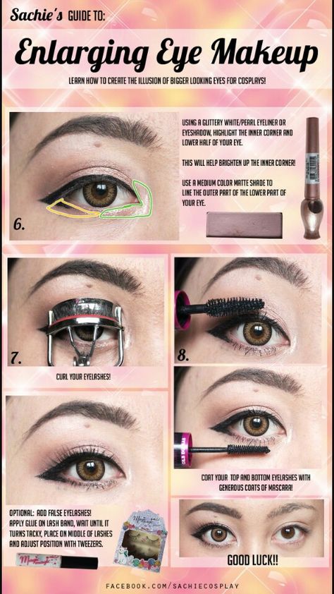 Make up ideas Makeup To Enlarge Eyes, Enlarge Eyes Makeup, Makeup For Cosplay, Korean Eyes, Eye Enlarging Makeup, Eyes Makeup Tutorial, Big Eyes Makeup, American Makeup, Korean Makeup Tutorials