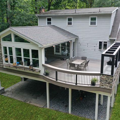 Outdoor Living Elevated Sunroom Addition, Deck With Sunroom, Sunroom With Deck Attached, Retractable Sunroom, Pergola On Deck, Sunroom Deck, Covered Deck Designs, Enclosed Deck, Upstairs Deck