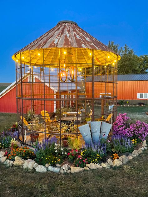 Corn Crib Gazebo Fire Pit, Old Corn Crib Ideas, Corn Silo Gazebo, Corncrib Gazebo Ideas, Corn Bin Gazebo, Round Gazebo Decorating Ideas, Corn Crib Fire Pit, Camper Pavilion, Rustic Gazebo Ideas Backyard