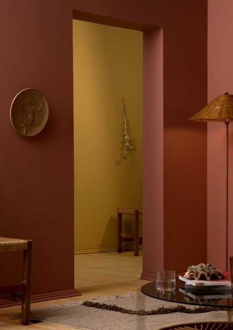 Ocre Wall Paint, Mustard Yellow Paint Walls, Dark Yellow Accent Wall, Mustard Hallway, Mustard Accent Wall, Dark Yellow Paint, Mustard Yellow Interior, Yellow Accent Wall, Mustard Yellow Paint