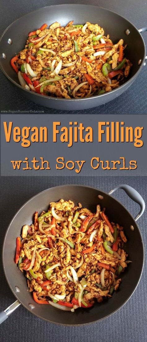 Vegan fajita filling with soy curls, peppers and onions - an easy vegan fajita or taco filling recipe that uses soy curls as the main ingredient. | soy curls fajita filling | soy curls tacos | soy curls burrito | soy curls recipes | vegan fajitas recipe | vegetarian fajitas recipe | vegan taco recipe | easy vegan recipes | vegan taco night | #soycurlsrecipes #soycurls #vegantacos #veganrecipes Soy Curls Recipes Vegan, Taco Filling Recipe, Fajitas Vegan, Vegan Fajita, Soy Curl Recipes, Soy Curls Recipes, Vegetarian Fajitas, Vegan Fajitas, Vegan Tacos Recipes