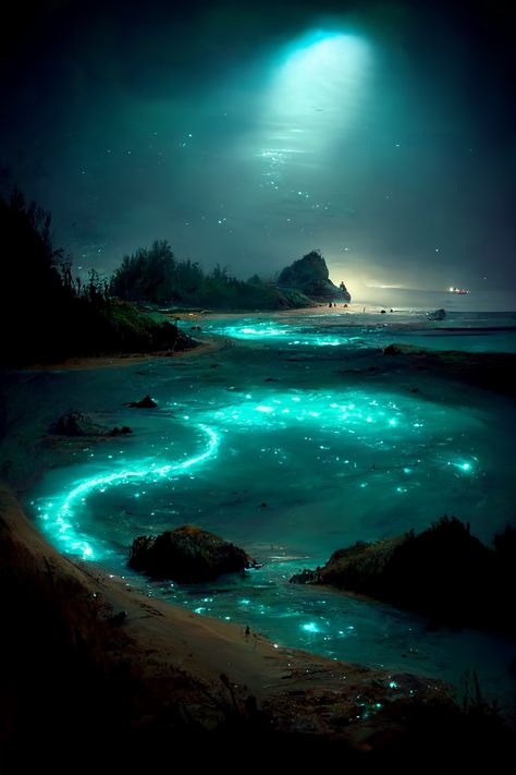 beach, night, peace, harmony, bioluminescence, sparkles, water, fantasy art, surf, surfing, sand, beachlife Water Fantasy Art, Bioluminescence Beach, Night Peace, Water Aesthetic, World Water, Beach Night, Ocean Wallpaper, Fantasy City, Fantasy Setting