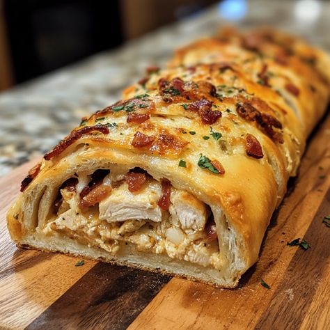 Chicken Bacon Ranch Stromboli Chicken Bacon Ranch Crescent Rolls, Chicken Bacon Ranch Stromboli, Stromboli Roll, Chicken Bacon Ranch Stromboli Recipe, Chicken Bacon Ranch Pull Apart, Chicken Asparagus Bake, Sandwich Meals, Stromboli Recipe Easy, Homemade Stromboli