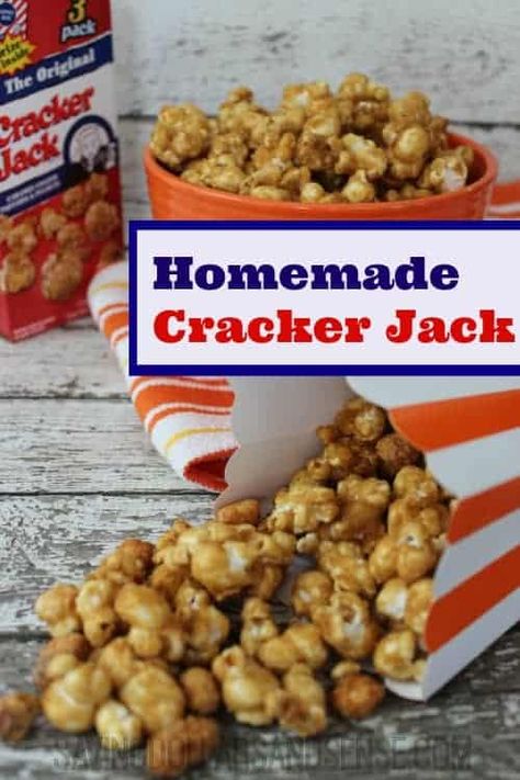 Make your own version of Cracker Jacks popcorn at home using this homemade recipe. Cracker Jack Popcorn, Baseball Snacks, Homemade Crackers, Cracker Jack, Dessert Aux Fruits, Cracker Jacks, Desserts Vegan, Popcorn Recipes, Outdoor Food