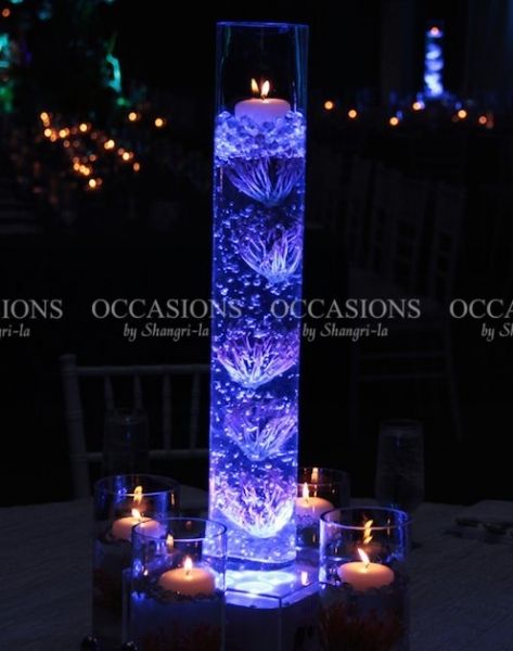 Light Up Flowers, Mermaid Quinceanera Theme, Underwater Centerpieces, Under The Sea Table Centerpieces, Sea Wedding Decorations, Aquarium Centerpiece, Reception Cocktail Tables, Mermaid Theme Wedding, Aquarium Wedding Reception