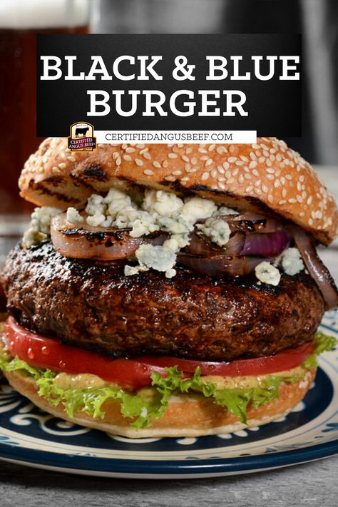 Turkey Burger Recipes Blue Cheese, Angus Burger Recipe, Blue Cheese Hamburgers, Blue Cheese Smash Burger, Black And Bleu Burgers, Black And Blue Burger Recipe, Bacon Blue Cheese Burger, Blue Cheese Burger Recipes, Pub Sandwiches