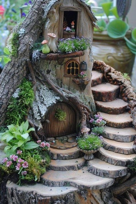 Gnome Trees, Awesome Backyards, Fae Garden, Fantasy Treehouse, Garden Corner Ideas, Fairy Woods, Tree Stump Decor, Gothic Dollhouse, Fairy Garden Ideas