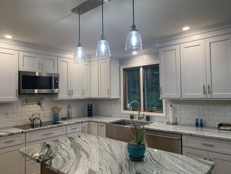 Silver Cloud Granite, Silver Cloud Granite Countertops, Granite Stone Countertops, White Granite Countertops Kitchen, Small Kitchen Remodel Cost, Contemporary Family Rooms, White Cabinets Kitchen, Grey Granite Countertops, Cafe Kitchen Decor