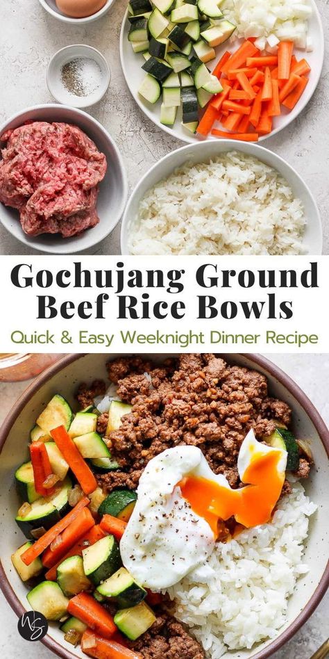 Our quick and easy Ground Beef Rice Bowl is a great option for those busy weeknights! Made with tender beef, fresh vegetables, and topped with a jammy egg. Can’t wait for you to try this healthy ground beef rice bowl! This recipe comes together in one bowl and ready in 30 minutes. It's gluten-free and dairy-free. Beef And Veggie Bowl, Gochujang Rice Bowl, Beef Power Bowls, Ground Beef Bowls Healthy, Ground Beef Rice Bowl, Beef And Cauliflower Rice, Curry Ground Beef, Beef Rice Bowl Recipe, Beef Rice Bowls