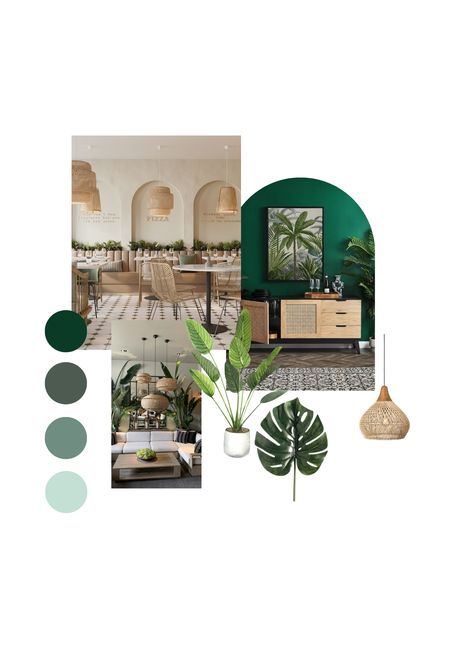 Cafe Moodboard Interior Design, Tropical Interior Moodboard, Scandinavian Tropical Interior, Tropical Theme Interior, Tropical Scandinavian Interior, Cafe Mood Board Interior Design, Tropical Theme Restaurant, Bohemian Cafe Interior, Bohemian Restaurant Interior Design