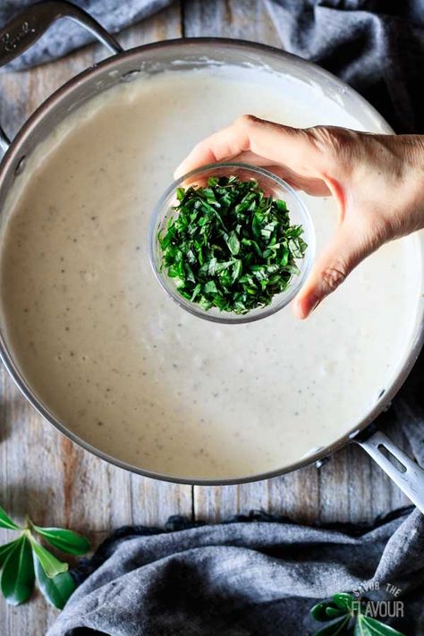 Alfredo basil sauce is an easy recipe that is creamy, cheesy, and so simple to learn how to make. With the help of some garlic, Parmesan, heavy cream, and fresh basil, you'll have a restaurant quality sauce that tastes amazing on fettuccine or tortellini. | www.savortheflavour.com #savortheflavour #alfredosauce #pastasauce Basil Alfredo Sauce, Alfredo Sauce Recipe Easy Heavy Cream, Basil Sauce Recipe, Fettuccine Sauce, Alfredo Sauce Recipe Without Heavy Cream, Fresh Basil Recipes, Roasted Grape Tomatoes, Alfredo Sauce Recipe Easy, Cooking With White Wine