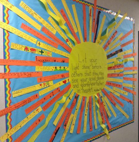 Spring Catholic Bulletin Boards, Christian School Bulletin Board Ideas, Summer Sunday School Bulletin Board, Rosary Bulletin Board Ideas, Catholic School Bulletin Board Ideas, Catholic Schools Week Door Ideas, Summer Church Bulletin Boards, Joy Bulletin Board, Religious Bulletin Board Ideas