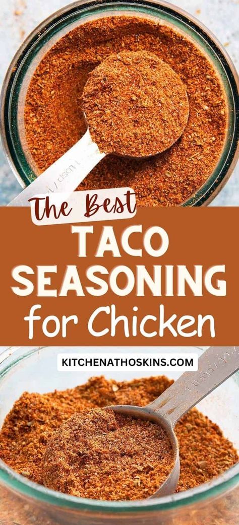 Learn how to make the best chicken taco seasoning recipe for 1 pound chicken. It's easy, homemade, gluten-free and can be made without cumin. This homemade taco seasoning is ideal to make authentic Mexican food and can be used in chicken thigh recipes, tacos, fajitas or ground chicken. Get the homemade chicken taco seasoning recipe at kitchenathoskins.com. Mexican Chicken Dishes, Chicken Taco Seasoning Recipe, Authentic Chicken Tacos, Seasoning For Chicken, Easy Taco Seasoning Recipe, Recipes Tacos, Taco Seasoning Mix Recipe, Ground Chicken Tacos, Diy Spice Mix