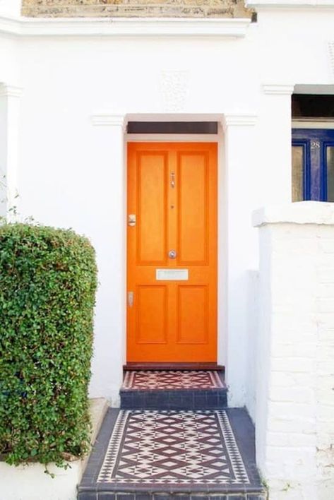 Post Image Orange Front Door Colors, Burnt Orange Front Door, Orange Front Door, Orange Front Doors, White Mosaic Tile, Orange Door, Front Door Paint Colors, Family Room Makeover, Door Colors