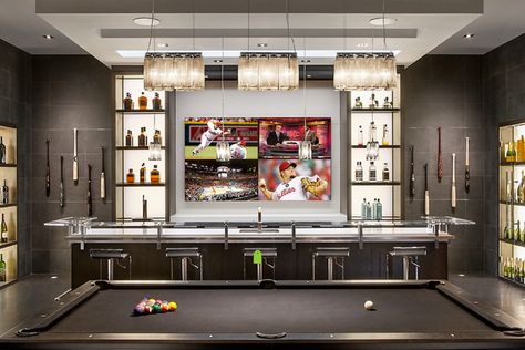 Black Pool Table, Modern Man Cave, Pool Table Room, Modern Home Bar, Ultimate Man Cave, Man Cave Room, Modern Basement, Basement Bar Designs, Recreational Room