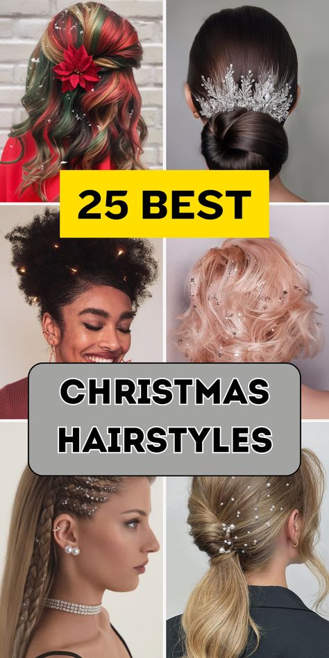 Discover 25 Christmas hairstyles for 2024, offering festive inspiration for kids, women, and everyone in between. From cute braids to fun updos, there's a perfect style for every occasion. Whether you're rocking short hair, long curls, or natural textures, these hairstyles are ideal for black women, kids, and teens alike. Add ribbons for extra flair or go for a funky, festive mood with cornrows or tree braids to truly embrace the holiday spirit. Fun Updos, Christmas Hairstyles For Black Women, Christmas Hairstyle, Diy Updo, Christmas Party Hairstyles, Easy Hairstyles For Kids, Tree Braids, Elegant Wedding Hair, Trend 2024