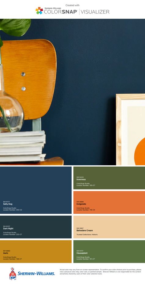 Blue Orange Yellow Interior Design, Navy Blue Green Orange Color Palette, Navy Complimentary Colors, Pantone Azul, Norway House, Hallway Colours, Website Color Palette, Orange Color Palettes, House Color Palettes