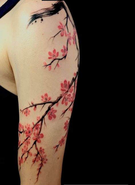 Sakura tattoo on the shoulder Japanese Cherry Blossom Tattoo On Side Ribs, Sakura Tattoo Sleeve, Sakura Tattoo Shoulder, Sakura Dragon Tattoo, Sakura Arm Tattoo, Cherry Blossom Arm Tattoo Sleeve, Cherry Blossom Shoulder Tattoo, Sakura Tattoo Design, Sakura Tree Tattoo