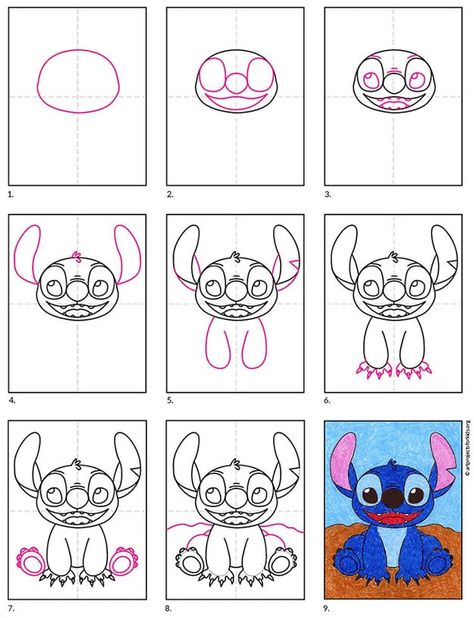 Step By Step Stitch Drawing, Halloween Stitch Drawing, How To Draw Characters Step By Step, How To Draw Stitch, How To Draw Disney Characters, Disney Characters Drawings, Doodle Disney, Draw Stitch, Disney Drawing Tutorial