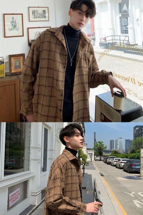 Turtle Neck And Flannel Outfit, Noah Lookbook, Webtoon Outfits, Aesthetic Jacket, Softboy Outfits, The Best Aesthetic, Best Aesthetic, Outfit Korean Style, Aesthetic Clothing Stores