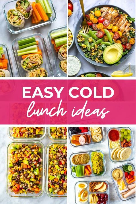 These easy cold lunch Ideas are perfect for meal prepping to bring to work—they're make ahead options that don't need to be reheated! Meal Prep Cold Lunches To Work, Easy Cold Lunches, Easy Meal Prep Lunches To Work, Lunches Under 300 Calories, Easy Cold Lunch Ideas, Cold Lunch Ideas For Work, Healthy Cold Lunches, Cold Lunch Ideas, Packable Lunches