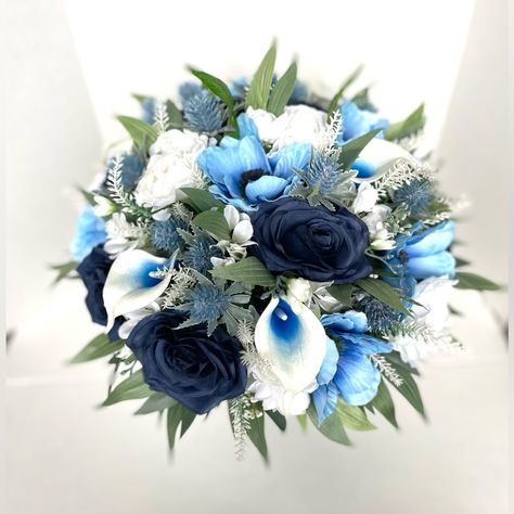 Never Used, Professionally Made Xl Bridal Bouquet With 1 Matching Boutonnire And 1 Wrist Corsage. Perfect For Small Ceremony Or Elopement. Dark Blue Bouquet Wedding, Royal Blue And Silver Bouquet, Dark Blue Bridal Bouquet, Bouqette Of Flower For Wedding, Mama Mia Flowers, Blue Bridal Bouquet Real Flowers, Dark Blue Wedding Bouquet, Wedding Bouquets Blue And White, Blue Bridesmaid Flowers