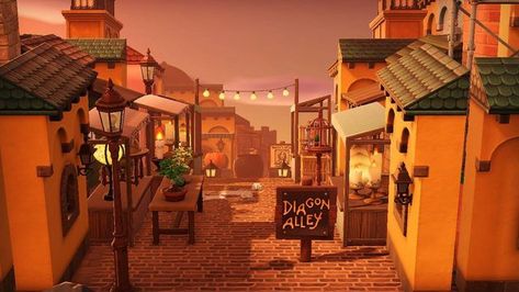 Acnh Diagon Alley, Acnh Alley, Acnh Y2k, Diagonal Alley, Acnh Inspiration, Diagon Alley, Animal Games, Modern City, Animal Crossing