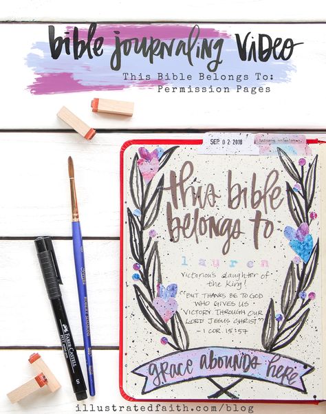 "This Bible Belongs To" Bible Journaling Process Video | How to use the Permission Pages Devotional Kit to create a "This Bible Belongs To" page in the front of your Bible that says so much more than just your name. But speaks to your identity in Christ! When we remember who we are because of who God is, all our fears about "messing up" a page in our new Journaling Bible fade away. Great for beginners! This Bible Belongs To Page, This Journal Belongs To Ideas, Bible Journaling For Beginners, Going To Church, Prayer Bible, Reading The Bible, Faith Journaling, Kids Workshop, Bible Journaling Ideas Drawings