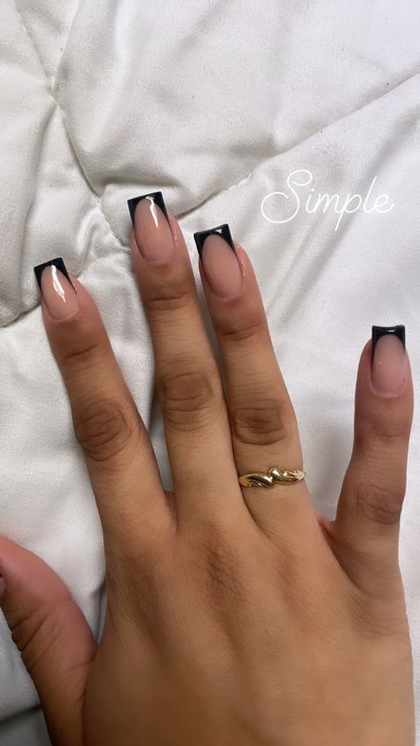 Black Nails Short French Tips, Formal Bodysuit Outfit, Black Frenchies Nails Short, Short Acrylic Nails Black Design, Black French Tips Short Nails, Small Black French Tip Nails, Short Black French Tip Nails With Gems, Black French Tip Nails Medium Length, Black Fresh Tip Nails