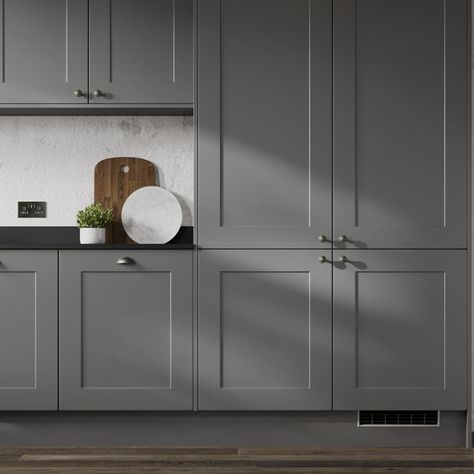 Slate Grey Kitchen, Howdens Chelford, Kitchen Shaker Style, Kitchen Larder Units, Downstairs Wc, Kitchen Shaker, Kitchen Larder, Fitted Kitchens, Larder Unit