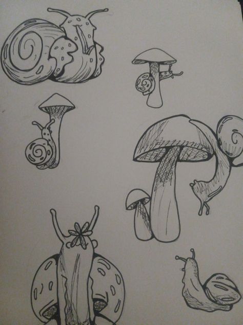 Just different sketches of snails doing snail things Book First Page Ideas, Sketch Book First Page, Sketch Book First Page Ideas, First Page Ideas, Snails And Mushrooms, New Sketchbook, Sketchbook Inspo, Sketchbook Pages, Page Ideas