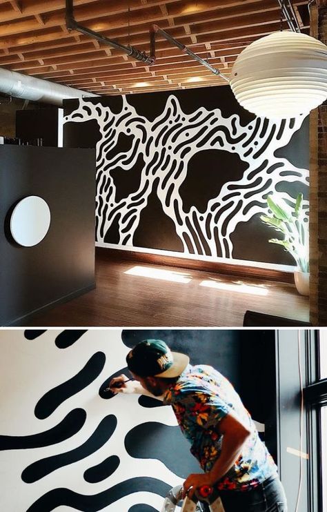 Monochrome Wall Mural, Mural On Black Wall, Wall Murals Painted Abstract, Masculine Mural, Indoor Mural Ideas, Creative Wall Painting Murals, Interior Mural Wall, Mural Design Ideas, Black Mural