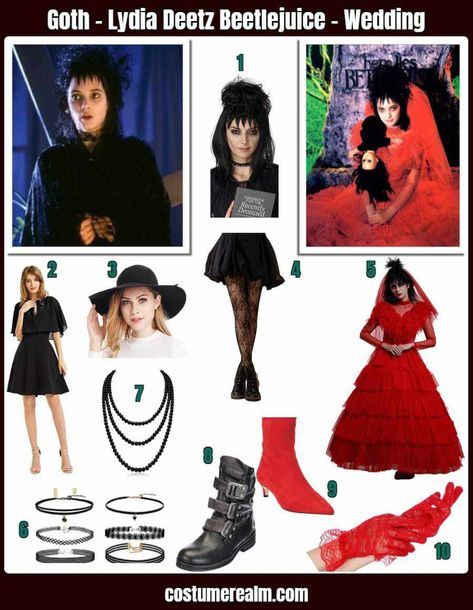 Beetlejuice Costume Female Lydia, Lydia Deetz Wedding Costume, Lydia Halloween Costume Beetlejuice, Lydia Deets Diy Costume, Beetle Juice Characters Costume Ideas, Lydia From Beetlejuice Costume, Beetle Juice Lydia Costume, Beetlejuice Movie Costumes, Lydia Beetlejuice Outfit