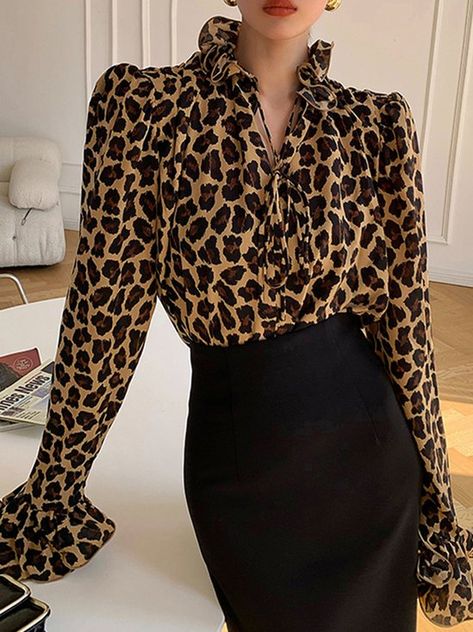 stylewe Stand Collar Blouse, Leopard Blouse, Pleated Shirt, Fitted Blouses, Sleeves Clothing, Leopard Print Blouse, Ruffled Sleeves, Collar Blouse, Print Blouse