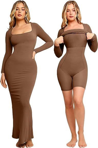 Popilush Long Sleeve Bodycon Maxi Dress Square Neck Bodysuit Tummy Control 8 in 1 Shapewear Dresses for Women Brown : Amazon.ca: Clothing, Shoes & Accessories Simple Bodycon Dress, Black Plain Dress, Date Night Outfit Classy, Trendy Outfit Inspo, Shapewear Dress, Bodycon Maxi Dress, Square Neck Bodysuit, Bodysuit Dress, Long Sleeve Dresses