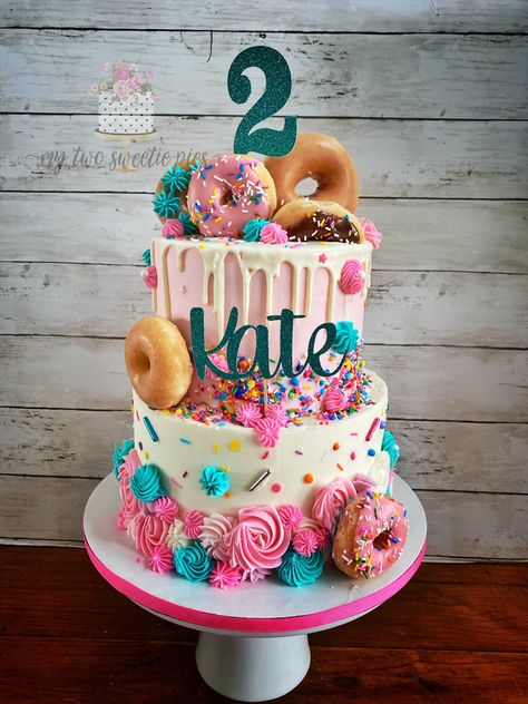 Sprinkle Drip Cake, Four Ever Sweet, Donut Birthday Cake, Donut Theme Party, Sweet Birthday Cake, Donut Themed Birthday Party, 2nd Birthday Party For Girl, Cake Donut, 10 Birthday Cake