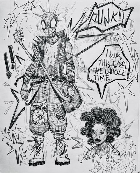 Insta: grogdimples Spider Punk Drawing Reference, Spiderpunk Art, Spiderman Punk Drawing, Spiderpunk Drawing, Spider Punk Art, Spider Punk Drawing, Spiderverse Sketchbook Page, Spiderpunk Sketchbook, Spider Punk Guitar Drawing