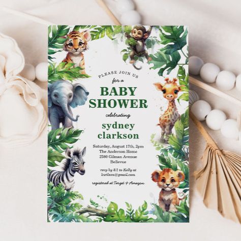 $2.92 | Cute Jungle Safari Tropical Animals Baby Shower - jungle baby shower, safari baby shower, giraffe elephant zebra tiger, cute baby animals, gender neutral, watercolor, floral botanical greenery, little wild one, watercolor safari, baby boy Boy Baby Shower Games, Safari Baby Shower Invitations, Animal Baby Shower Invitations, Baby Shower Giraffe, Tropical Greenery, Creative Baby Shower, Tropical Baby Shower, Animals Baby Shower, Gender Neutral Baby Shower Invitations