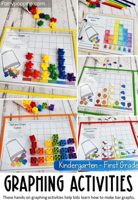 These hands on spill and graph activities help kids learn how to record data on a bar graph. #graphingactivities #bargraph #kindergartenmath #datacollection #firstgrademath #mathcenter #mathactivities #graphingworksheets Graphing Activities 1st Grade, Data Handling Activities, Tally Mark Activities, Graphing First Grade, Graph Activities, Bar Graphs Activities, Graphing Worksheets, Picture Graphs, Bar Graph