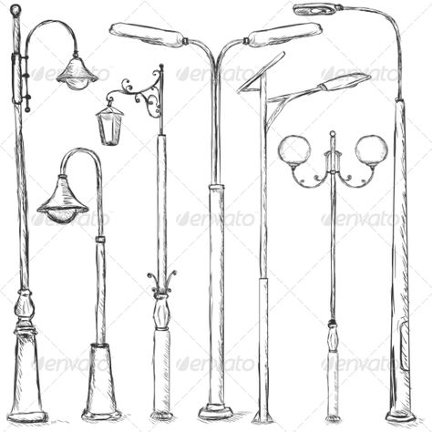 Vector Set of Sketch Street Lights Street Lighting Design, Furniture Sketch, Architecture Drawing Sketchbooks, Street Lighting, Object Drawing, Architecture Drawing Art, Street Lights, Old Street, Urban Sketching