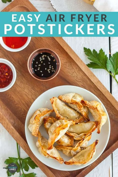 Crispy Air Fryer Potstickers are a delicious appetizer or snack. Baked, not fried, these air fryer dumplings are simple to make and cooks in only 11 minutes. Airfry Potstickers, Dumplings Recipe Air Fryer, Air Fried Dumplings, Air Fry Pot Stickers, Air Fry Dumplings, Pot Stickers Air Fryer, Air Fryer Wonton Recipes, Potstickers Air Fryer, Air Fryer Pot Stickers