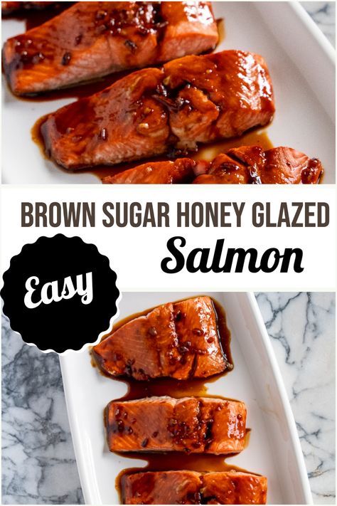 Brown Sugar Honey Glazed Salmon - with only 5 ingredients and ready in under 15 minutes, this is your go to weeknight salmon recipe! Salmon is brushed with a sweet glaze and then broiled to perfection. Everyone will love this easy glazed salmon recipe! Easy Glaze For Salmon, Honey Ginger Glaze, Sweet Glaze For Salmon, Honey Glazed Salmon Recipes Baked, Bbq Glazed Salmon, Honey Salmon Glaze, Easy Honey Glazed Salmon, Salmon Tails Recipe, Salmon Brown Sugar Glaze