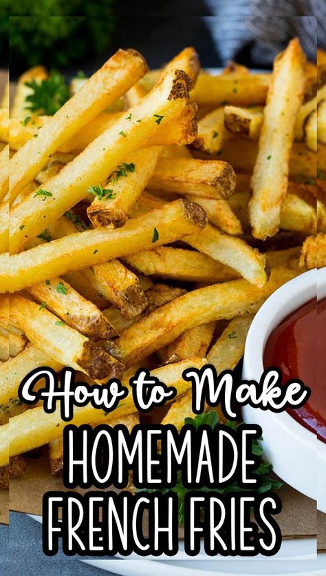 These homemade french fries are potatoes that are cut into sticks and deep fried until golden brown, then sprinkled with seasonings. Homemade Fried French Fries, Diy French Fries, Wedges Potato, Potatoes Fries, Baked French Fries, French Fries At Home, Fries At Home, Perfect French Fries, Best French Fries