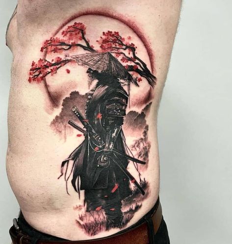 Samurai tattoo with red ink Tattoo Sleeve Shading Backgrounds, Dark Samurai Tattoo, Beautifully Imperfect Tattoo, Samurai Tattoo Ideas, Half Chest Tattoo Men Ideas, Seoul Tattoo, Samurai Back Tattoo, Japanese Samurai Tattoo, Japanese Warrior Tattoo