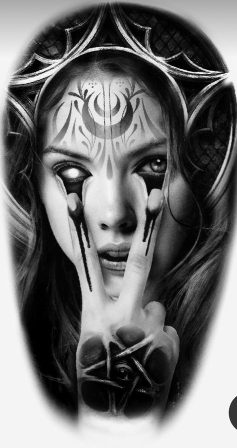 Demon Female Drawing, Angry Woman Tattoo, Dark Realism Tattoo Design, Mythology Drawings, Darkside Tattoo, Space Tattoos, Black Art Tattoo, Evil Tattoos, Chicano Style Tattoo