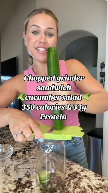 Janelle Rohner on Instagram: "Save this recipe!! The viral chopped grinder sandwich but cucumber salad style. 350 calories and 33g protein. Inspo: @logansfewd 

Recipe
1 cucumber 
1 serving chopped deli turkey meat
1 slice ham
1/2 serving chopped salami 
Chopped pepperoncinis and jalapeño 

DRESSING:
70g plain greek yogurt 
2tbsp light mayo 
Red wine vinager about 1/4 to 1/2 cup depending on taste i like alot 
Salt pepper and Italian seasoning to taste 

Shake and enjoy. 350 calories, 33g protein, 22g carbs, 16g fat. #healthyrecipes #cucumbers #cucumbersalad #snacktime #easyrecipes #easyrecipe #healthyfood
#healthyeating" Chopped Grinder Cucumber Salad, Jalapeno Cucumber Salad, High Protein Cucumber Salad, Tiktok Cucumber Salad Recipes, Viral Cucumber Salad Recipe, Chopped Grinder Sandwich, Jalapeño Dressing, Janelle Rohner, Cucumber Salads