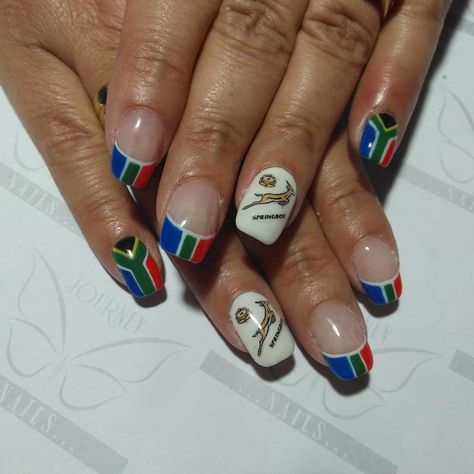 Rugby Nail Art, Springbok Nails Design, Springbok Nail Art, Springbok Rugby Nail Art, South African Nail Art Design, South African Flag Nails, South African Nail Art, Springbok Rugby Nails, Nails African Design